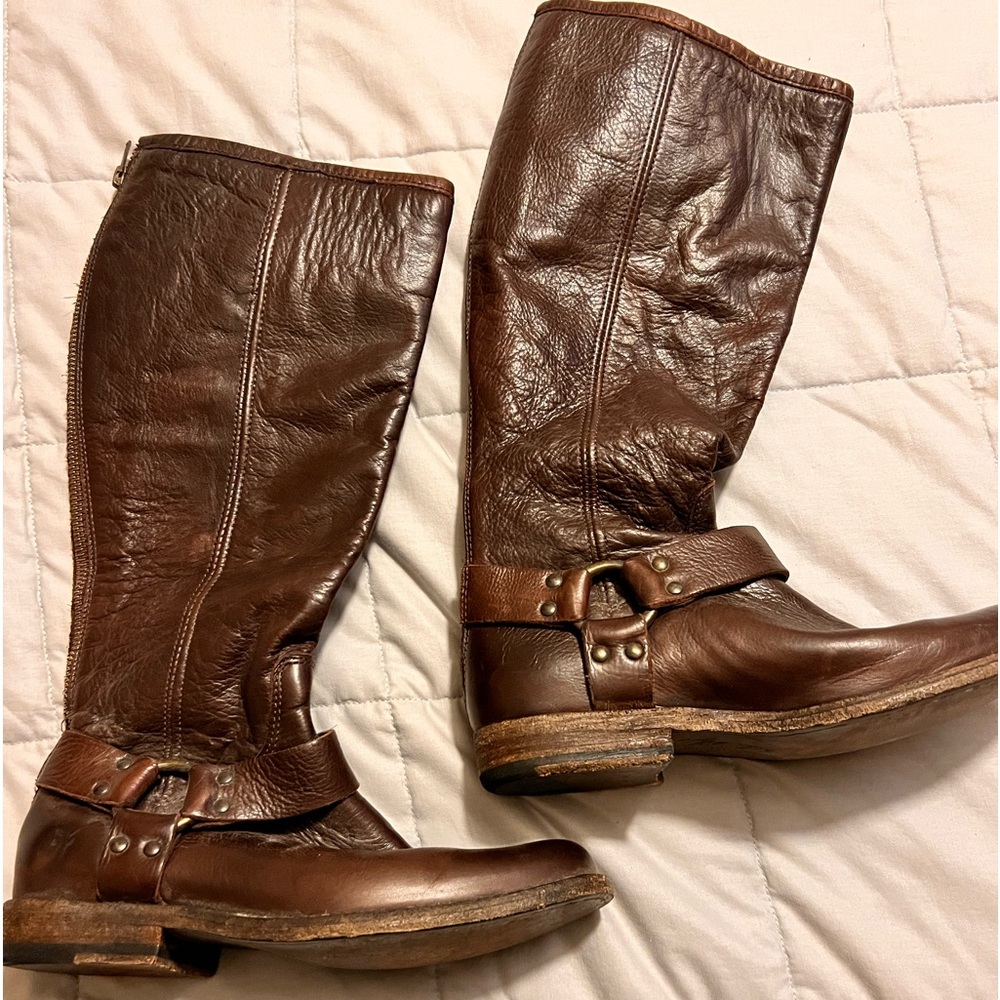 Tall Extended Calf Frye Dark Brown Phillip Harness Boots with  buckles.